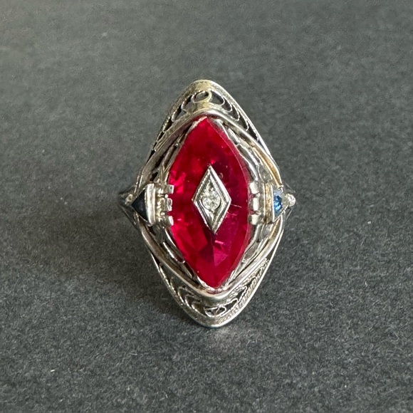 Art Deco 14K White Gold Ring Marquis Lab Ruby Filigree Setting Vintage Size 8 - Picture 7 of 10